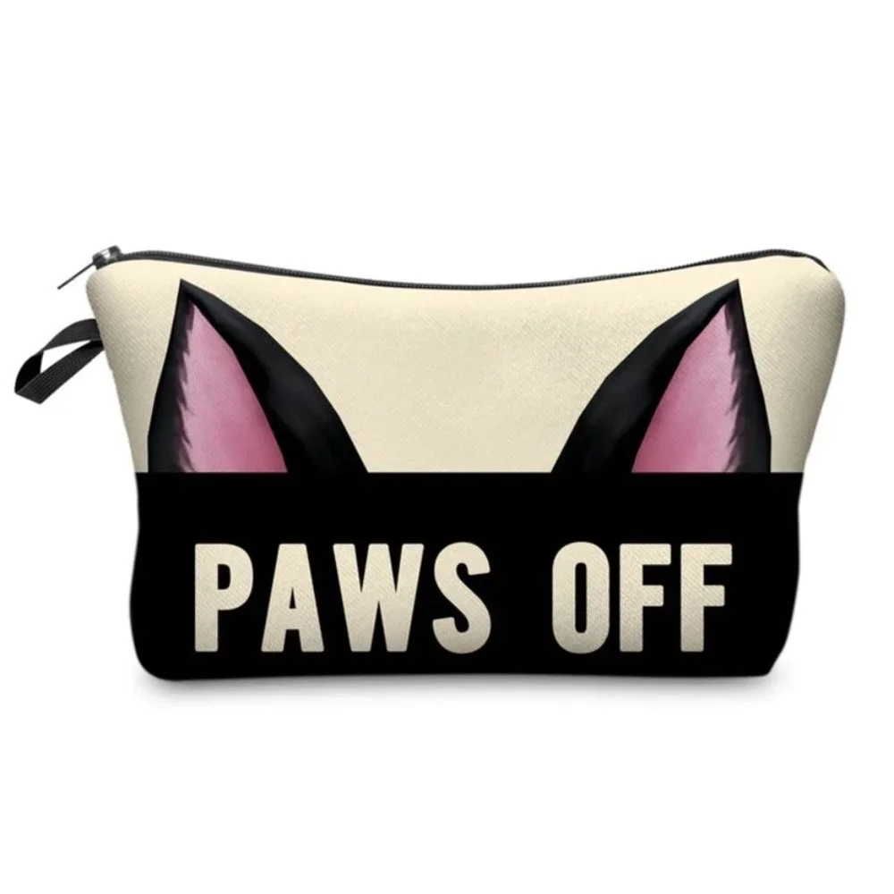 Adorable kitty Paws Off makeup bag in cool black and cream
